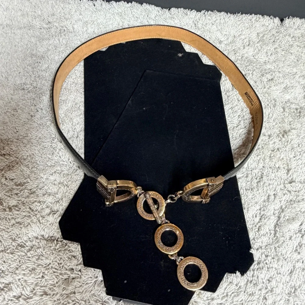 Brighton Vtg 1996 Black Leather Toggle Belt Western. Mixed Metal Ornate L 20603
